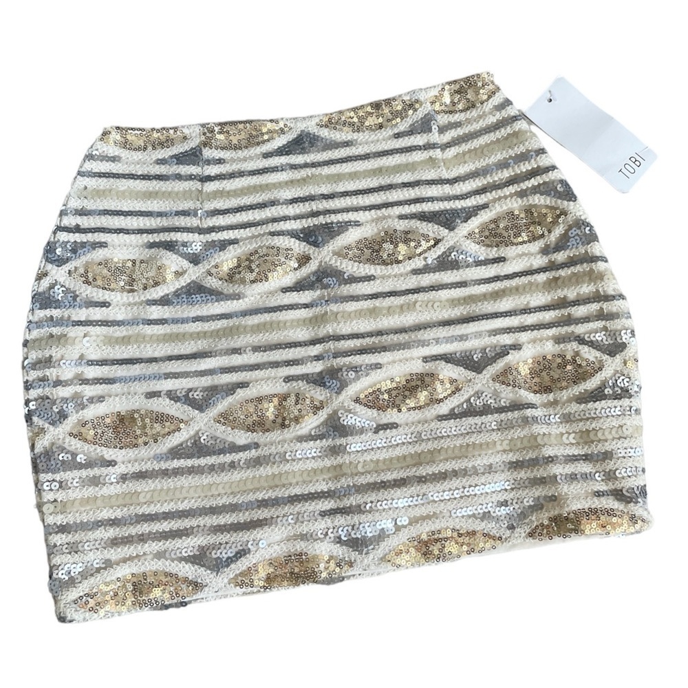 Tobi Kari Ivory Sequin Metallic Geometric Stripe Mini Skirt Size XS NWT